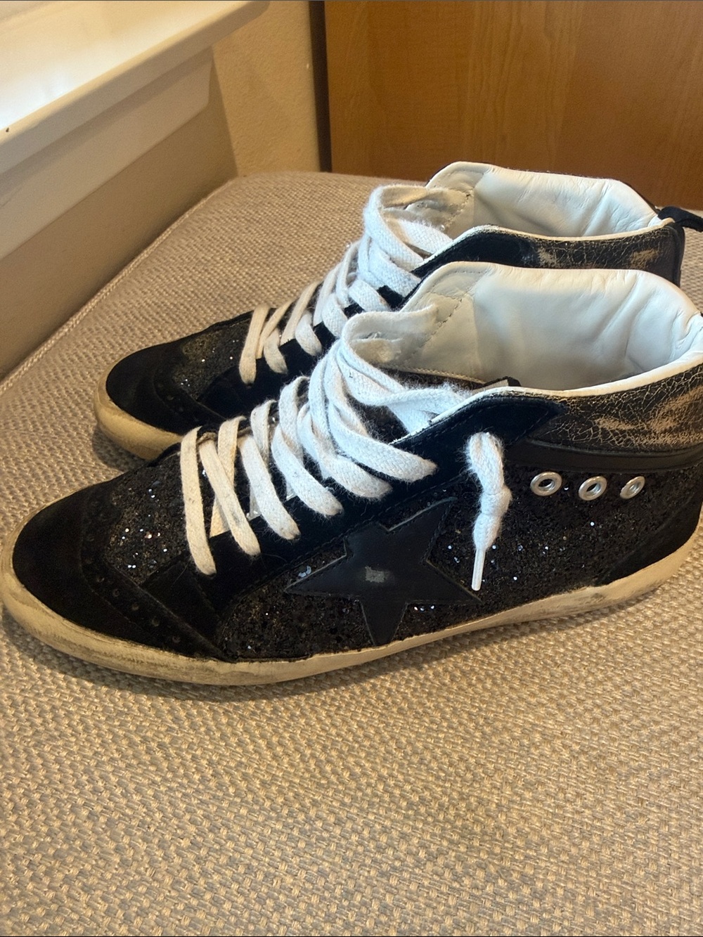 Golden Goose Mid Star Black Glitter Star High-Top Sneakers